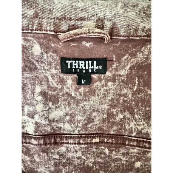 Thrill Jeans Long Denim Jacket Red / Mauve Distressed Acid Washed Medium - Picture 8 of 14